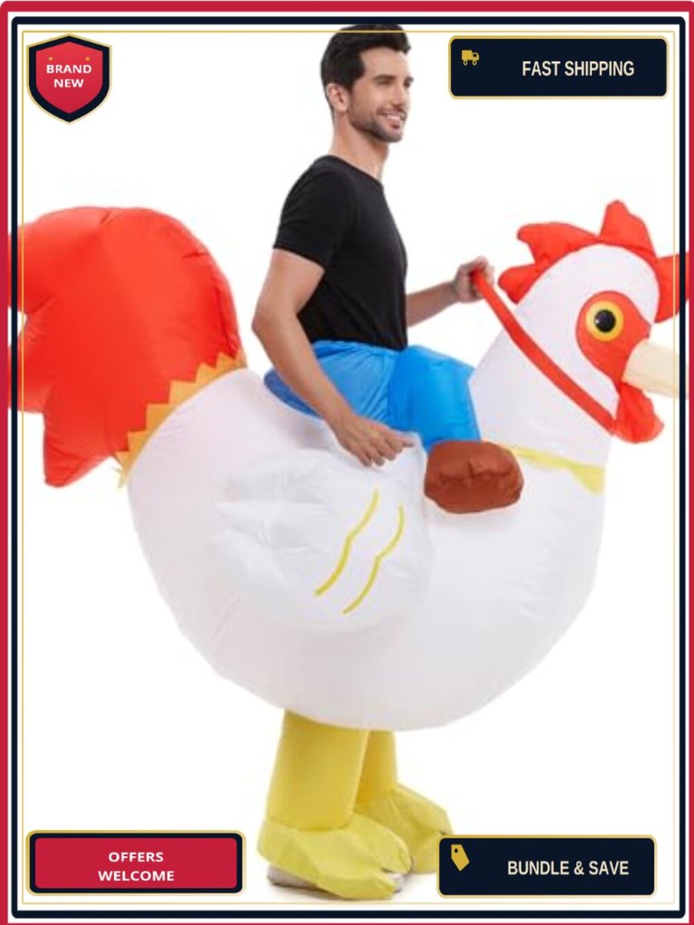 Inflatable Adult Chicken Rider Costume One Size Fits 5'6"-6'4" Polyester Spandex